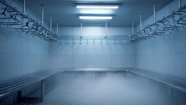 Industrial Cold Room: Sterile, stainless steel interior of a large industrial cold storage facility, featuring rows of hanging hooks and benches, shrouded in a cool mist.