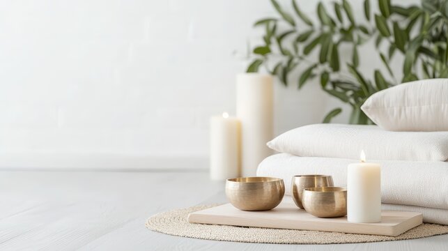 Calming sound therapy session with soft music and comfortable seating: A relaxing environment featuring a serene therapy room with floor cushions, soft candlelight, Tibetan singing bowls, and a