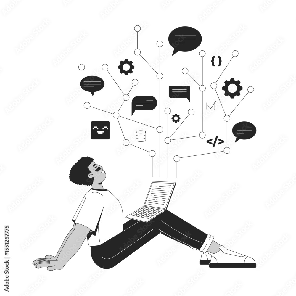 Poster joy of programming line illustration concept. it school course. coding education. dev elearning. dev