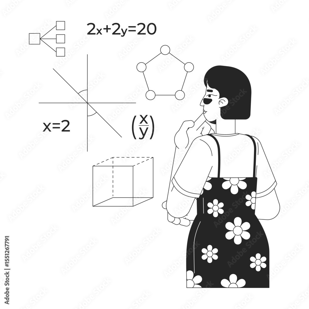 Poster learning mathematics for programming line illustration concept. asian female math student studying e