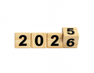 Flipping wooden block cube displaying numbers 2025 and 2026 signifying the transition to a new year and new beginnings in business isolate on transparent background PNG