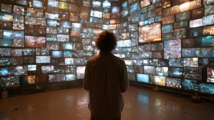 Overwhelmed by Information: A Person Confronted by a Wall of Screens