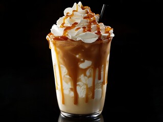A milkshake made with thick vanilla ice cream, topped with whipped cream and caramel drizzle