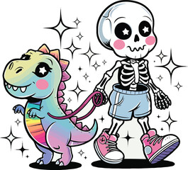 Cute Skeleton and Rainbow Dinosaur T-Shirt Design – Kawaii Cartoon Halloween Illustration for Kids and Fun-Lovers