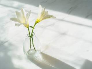 A minimalist aesthetic shot of a single tuberose stem in a clear glass vase, casting a delicate shadow on a white marble surface