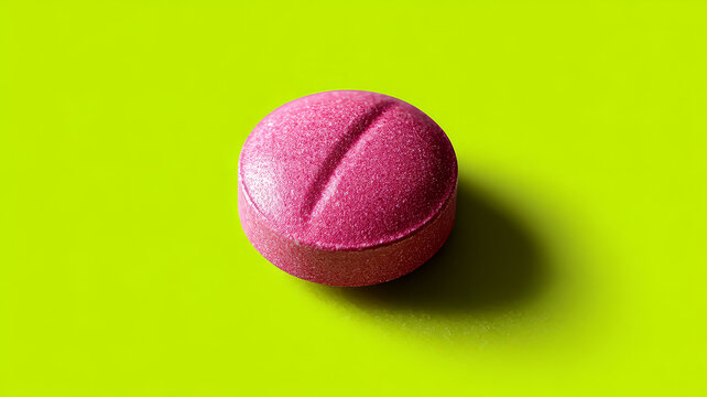 A single pink pill on a lime green background.