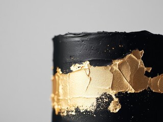 A minimalist black and gold modern cake with smooth ganache and gold leaf accents