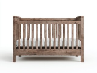 Rustic brown wooden crib with a simple, slatted design and a white mattress, isolated on a white background