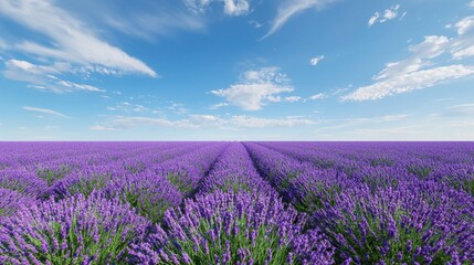 Naklejka premium Lavender fields stretching under a clear blue sky during the daytime