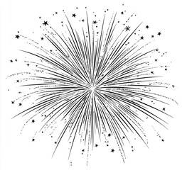 Obraz premium A monochrome line drawing of a firework burst, radiating outwards from a central point with smaller stars scattered amongst the lines