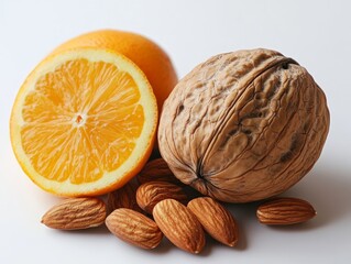 A mix of walnuts and almonds on a clean white background
