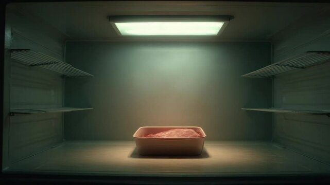 Raw Meat in Refrigerated Box: A solitary container of raw meat sits in the stark, cool interior of an empty refrigerator, illuminated by an overhead light, symbolizing the food industry's processes.