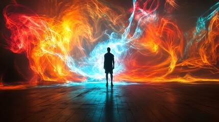 A solitary figure facing an ethereal firestorm, showcasing courage and determination