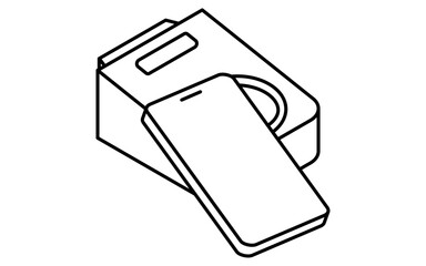 Smartphone tap cashless payment simple line drawing icon, isometric illustration of mobile NFC transaction, black and white