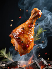 fried chicken thighs with spices steaming on black background	
