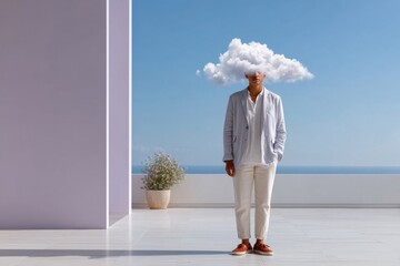 Businessman standing with cloud covering head representing abstract ideas and thoughts