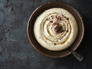 A modern top-down food photography shot of hummus in a ceramic bowl, with swirls of tahini and a sprinkle of sumac