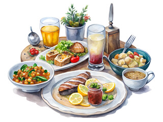 Watercolor Painting of a Delicious Meal on Wooden Table on Transparent Background, Watercolor Clipart Illustration With Isolated Background.