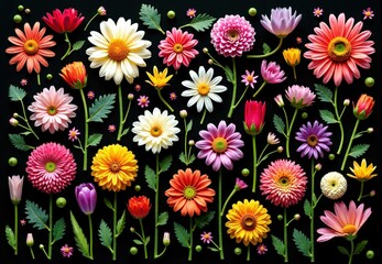 Fototapeta premium Flatlay of Assorted Blooming Flowers on Black Background