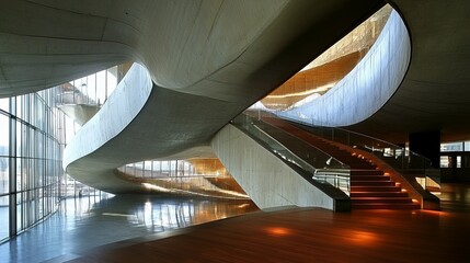 Obraz premium Fluid concrete architecture showcasing a dramatic, multi-level staircase and expansive windows, reflecting light and creating a sense of movement and openness