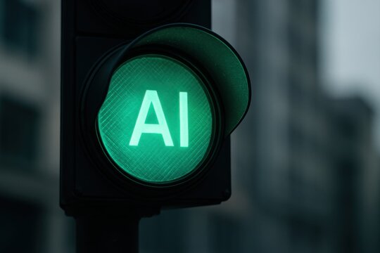 Green traffic light displaying "AI" in urban cityscape setting