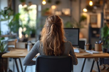 Office syndrome. Woman experiencing back pain during work at the office, feeling discomfort from prolonged sitting., Generative AI