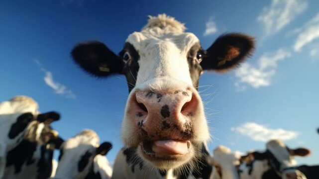 Curious Cow Close-Up: A black and white cow with a playful expression stares directly at the camera, a comical sight against a bright, cloud-speckled sky. 