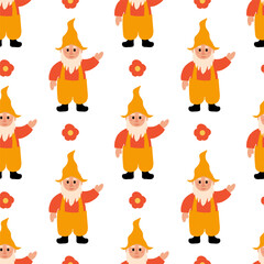 Seamless Pattern. Garden Gnome with flower. Vector flat illustration.