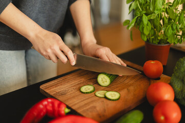 Woman cutting fresh vegetables in the kitchen. Healthy cooking, food preparation and lifestyle concept
