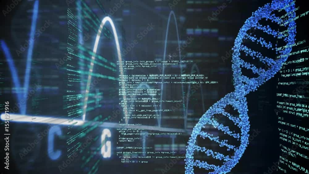 Poster at start, dna helix appearing right with code streams pulsing and letters morphing visualizing data