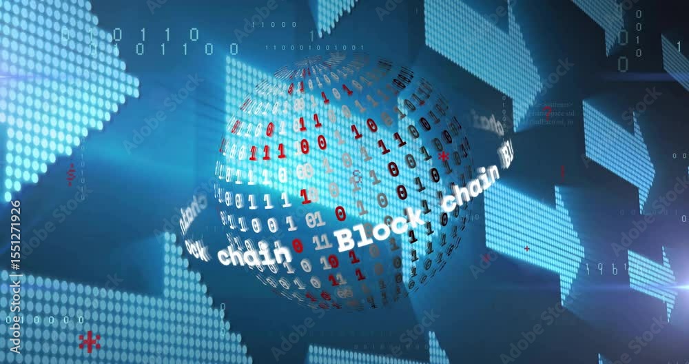 Poster when starting 3d sphere rotating binary grid, block chain text merging code panels visualizing flow