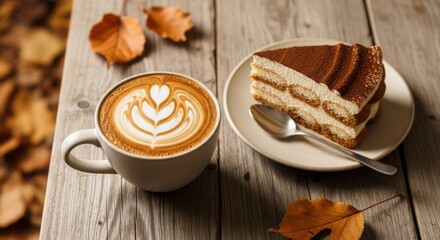 A latte with beautiful latte art and a slice of tiramisu on a rustic wooden table perfect for autumn themed cafe menus and dessert