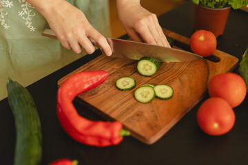 Woman cutting fresh vegetables in the kitchen. Healthy cooking, food preparation and lifestyle...
