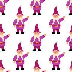 Seamless Pattern. Purple Garden Gnome. Vector flat illustration.