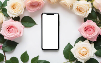 smartphone and  bank card on background of roses
