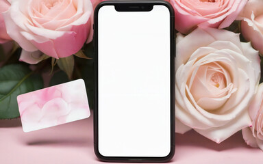 close up smartphone and  bank card on background of roses