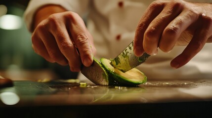 A chef expertly slicing an avocado for a delicious fresh dish