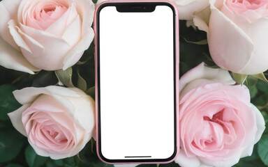 close up smartphone and  bank card on background of roses