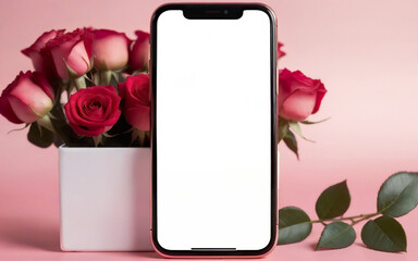 close up smartphone and  bank card on background of roses