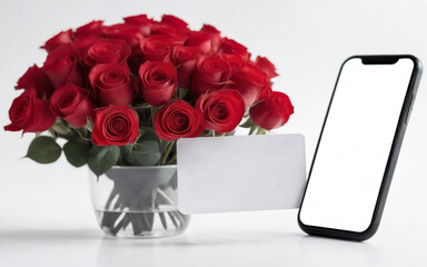 smartphone and bank card and a bouquet of red roses