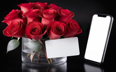 smartphone and bank card and a bouquet of red roses