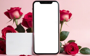 close up smartphone and  bank card on background of roses