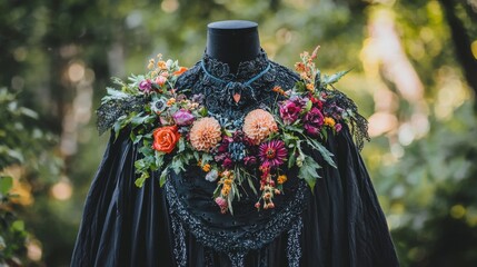 Obraz premium Black velvet dress adorned with vibrant flowers in a lush outdoor setting during daylight