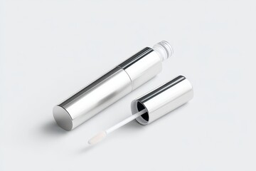 Sleek silver lip gloss tube, applicator, and cap displayed against a light grey backdrop;  clean, minimalist aesthetic