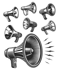 A set of vintage-style megaphone illustrations in various angles, depicting communication and announcement