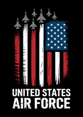 Stylized American flag design featuring fighter jets in formation, representing the United States Air Force