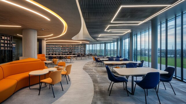 Modern library interior with vibrant seating areas and large windows overlooking an outdoor space