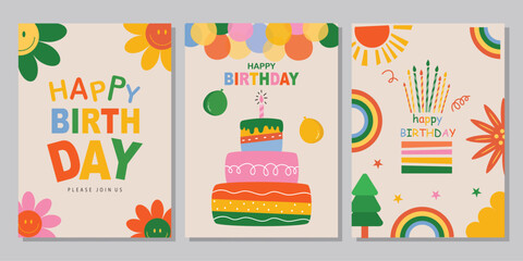 Set of children's birthday greeting cards .Cute animals design.poster,template,greeting cards,Vector illustrations.