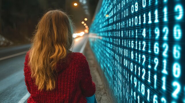 Data science and technology concept woman looking at digital screen with binary code information