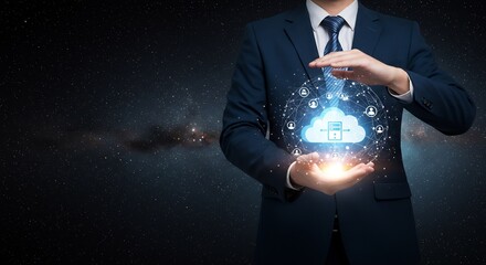 Businessman Protecting Cloud Computing Network Security and Data in the Cosmos: Digital Transformation and Innovation Concept